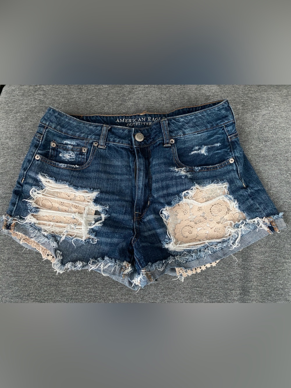 American Eagle Outfitters Lace-Panel Distressed Denim Shorts - Dark Blue